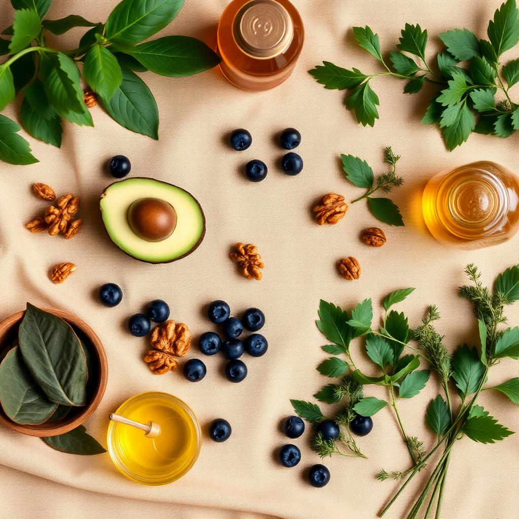 Voedzame ingrediënten — avocado, walnoten, bessen en kruiden